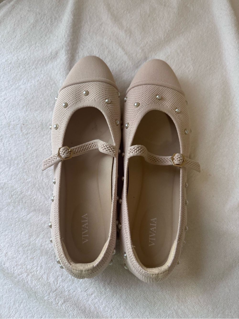 VIVAIA Almond Toe Tamia Mary Jane Ballet Flats in Cream Ivory Pearls US 7 - W